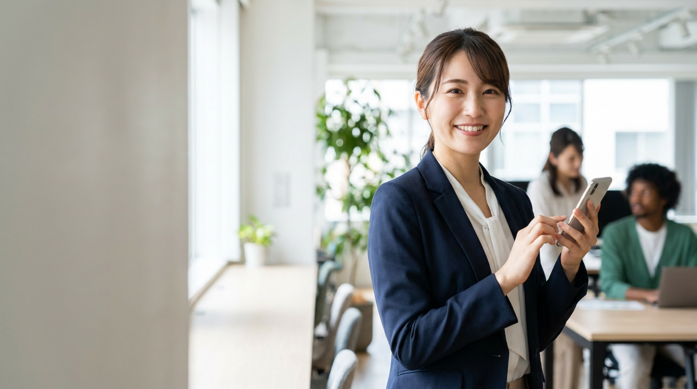 スマートフォンで質問に答える担当者