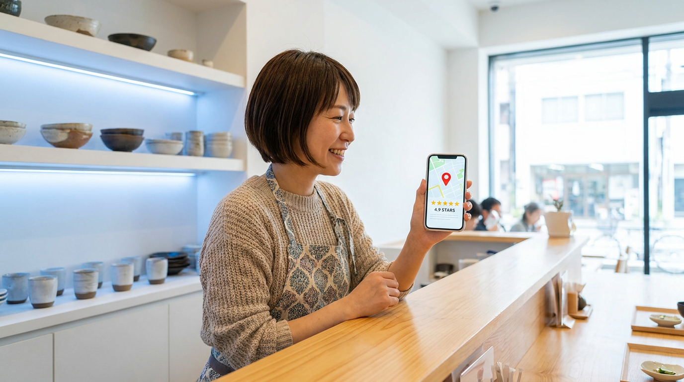 スマートフォンでGoogleマップの評価を確認する店主