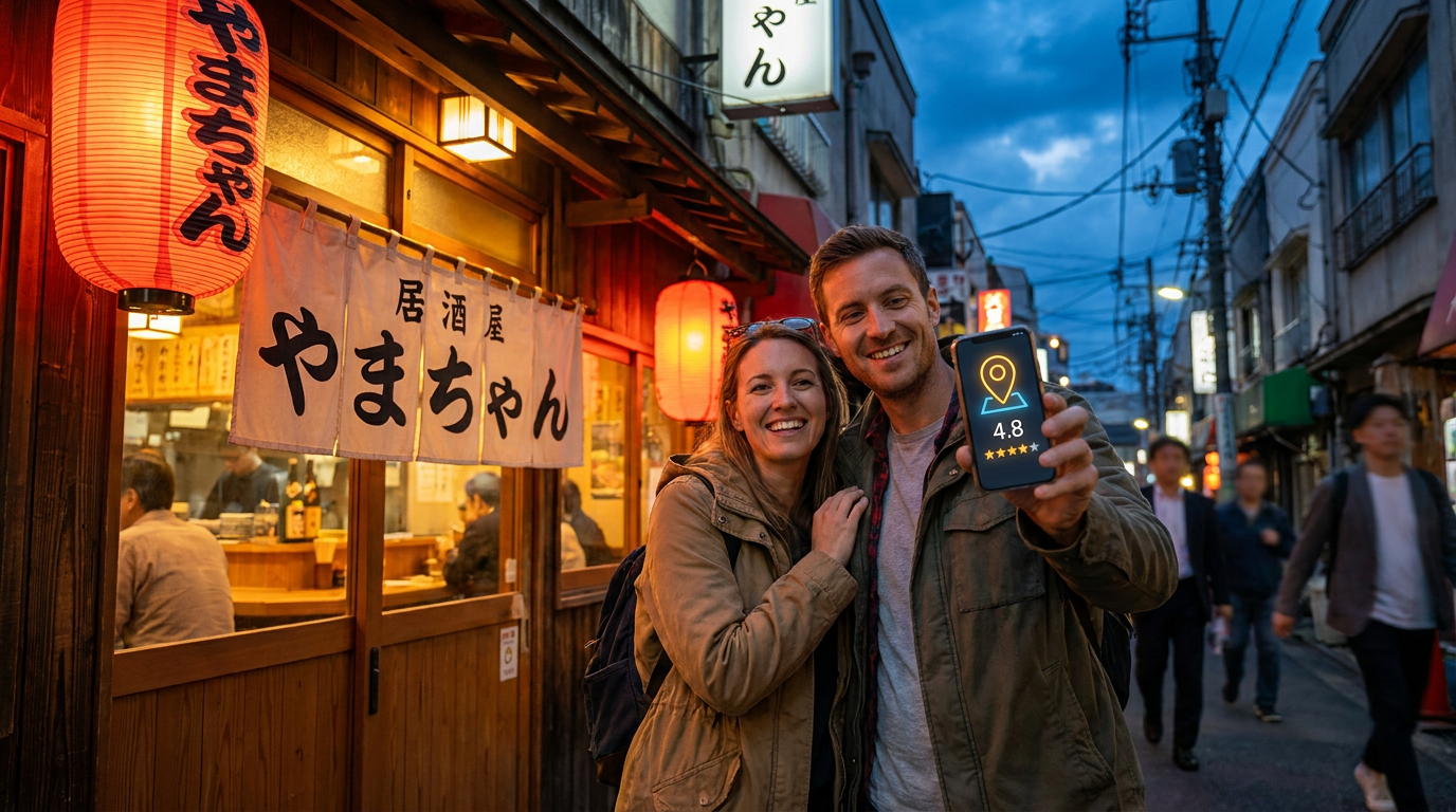 Googleマップの評価を見せる訪日外国人観光客