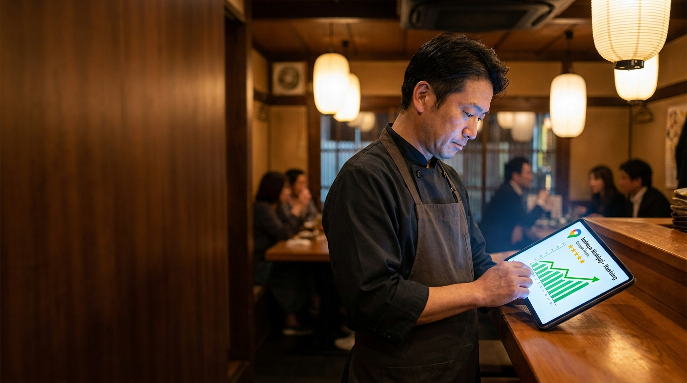 タブレットでGoogleマップの順位グラフを確認する店主