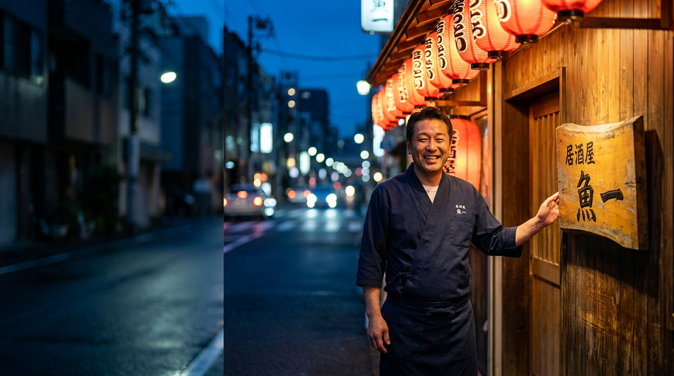 夜の提灯の灯りの下で出迎える店主